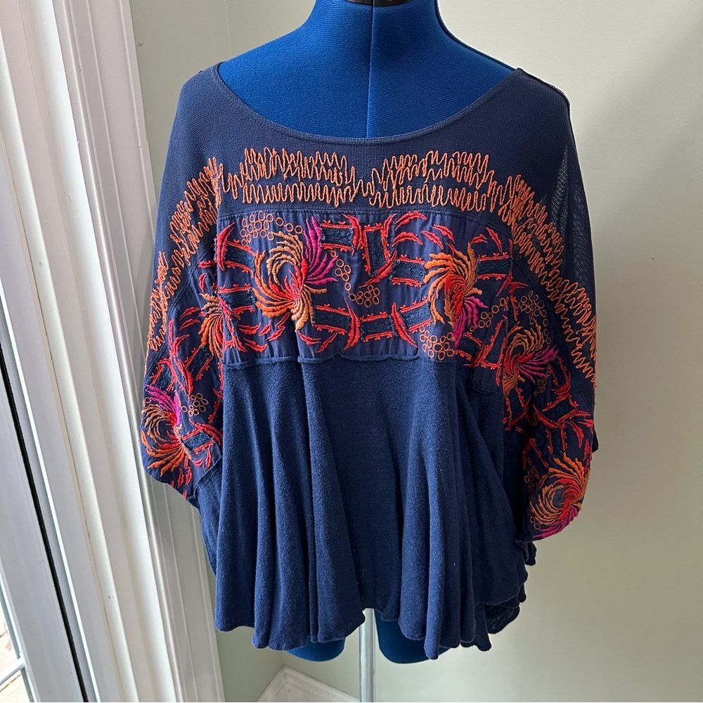 Navy Free People poncho top with embroidery